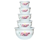 5PC ENAM BOWLS w/PLASTIC LIDS, FLOWERS/FRUIT