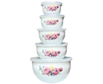 5PC ENAM BOWLS w/PLASTIC LIDS, FLOWERS/FRUIT