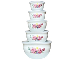 5PC ENAM BOWLS w/PLASTIC LIDS, FLOWERS/FRUIT