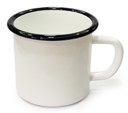 ENAMEL COFFEE MUG, 12oz, BEIGE W/BLACK RIM
