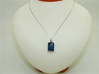 14k White Gold Blue Topaz Diamond Pendant & Chain