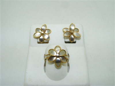 18k yellow and white gold flower ring and earring set