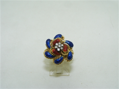 Vintage 1960's Blue and Red enamel diamond ring