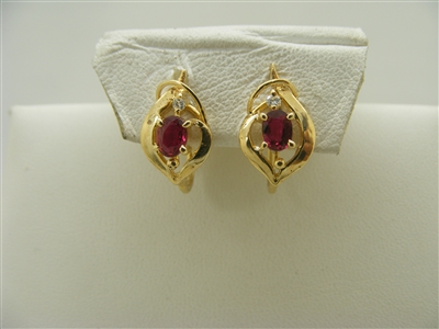 14k yellow gold diamond and natural oval ruby earrings