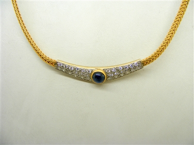 "Oval" Shaped 14k Yellow Gold Flat Wheat Diamond & Star Blue Sapphire Capuchon Necklace