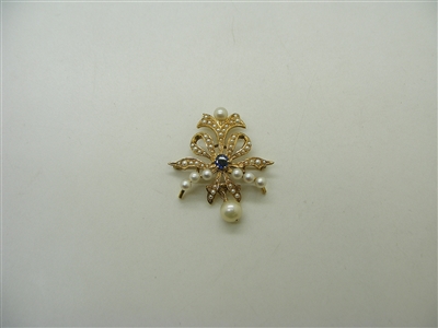 Vintage 1950's 14k Yellow Gold Cultured Pearls & Sapphire Pin