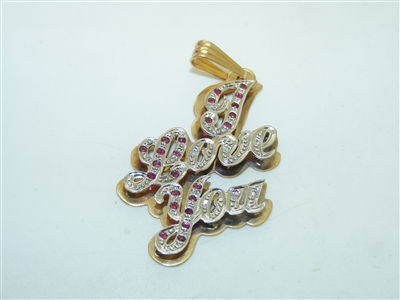 I Love You Diamond and Ruby 14k Yellow and White Gold pendant