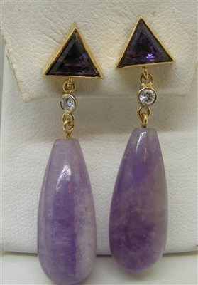 14K Yellow Gold Tear Dropped Amethyst Designed Hanging Earrings with Diamonds.