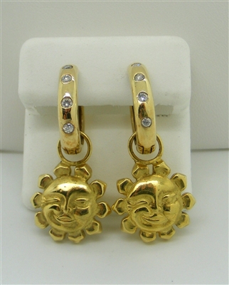 A Unique pair of 14k & 18k Yellow Gold Diamond Dangling Sun Earrings.