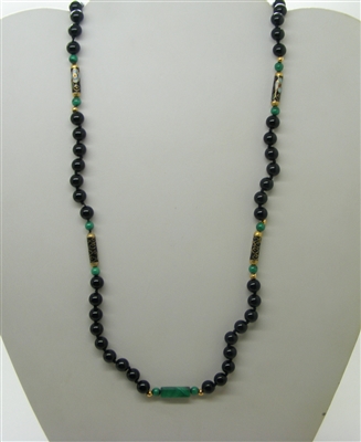 Beaded Black Onyx and Malachite Necklace with 14 k Yellow Gold Beads