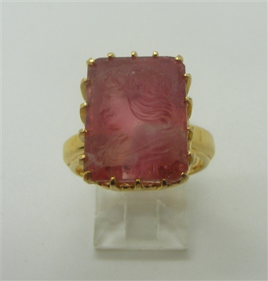 Woman Carved Rubellite Ring. (14 K Yellow Gold)