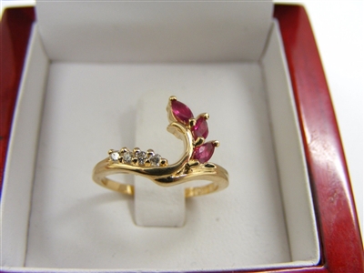 A Unique 14k Yellow Gold Marquise Ruby Leaf Ring (With Diamonds)