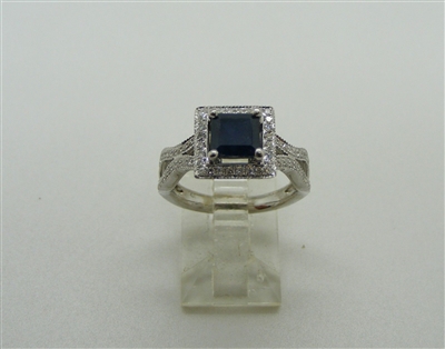 Deep Blue Square Sapphire & Diamond Ring. (14 K White Gold)