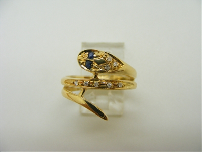 18 K Yellow Gold Blue Sapphire and Diamond Snake Designed  Ring