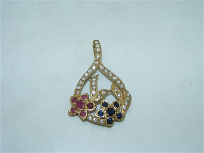 14k Yellow Gold Diamond, Ruby and Sapphire Flower Pendant