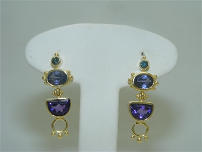18K Yellow Gold Multi Gemstone Design Hanging Earrings