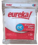 Genuine Eureka Style OX vacuum cleaner bags in a convenient 3 pack. These standard bags are Eureka part number 61230 and fit Eureka Models 6991, 6992, 6994, 6996, 6997, 6998 and 6999. The Eureka Style OX bags are designed by Eureka