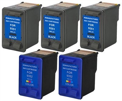 HP 21 & 22 C9351 & C9352 Remanufactured Ink Cartridge Five Pack Value Bundle