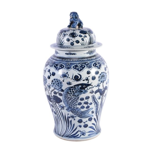 Blue and White Fish Temple Jar