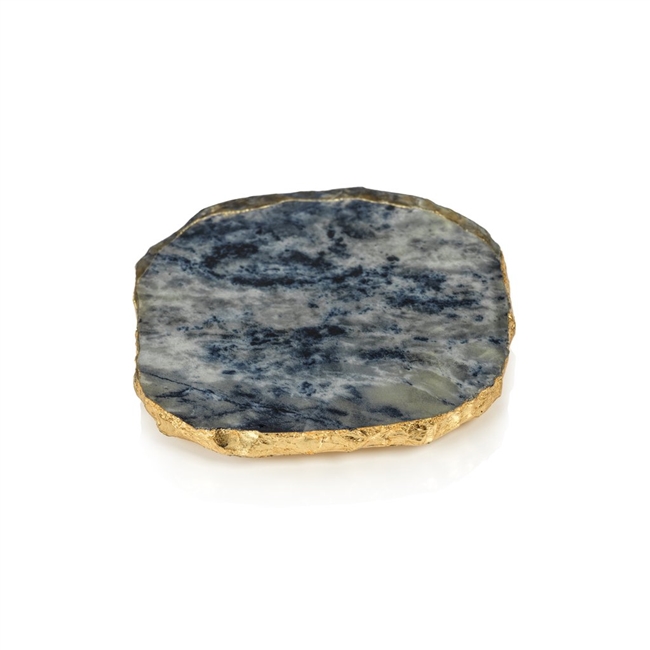 Blue Agate Marble Glass Coaster with Gold Rim