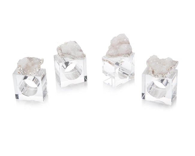 Set of 4 White and Silver Geode Napkin Rings