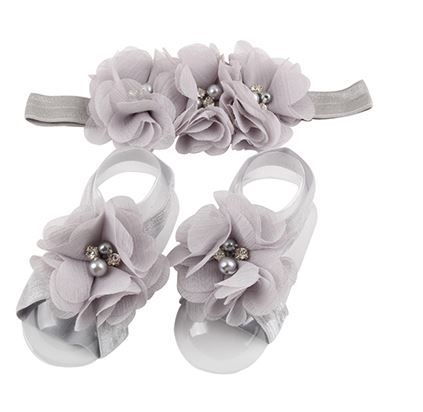 Headband & Infant Barefoot Sandals Set - LT GRAY