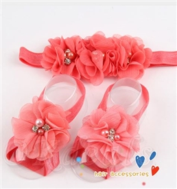 Headband & Infant Barefoot Sandals Set - CORAL