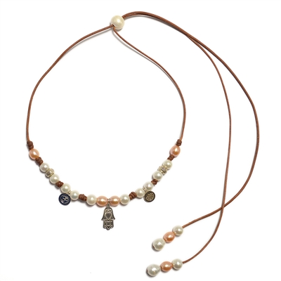 Fine Pearls and Leather Jewelry by Designer Wendy Mignot Yoga Slider Freshwater Necklace