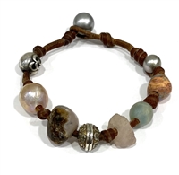 Pearl and Leather Precious Stones Gypsy Bracelet