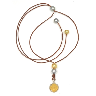 Fine Pearls and Leather Jewelry by Designer Wendy Mignot Portuguese 1000 Reis Ancient Gold Coin, Tahitian and South Sea Pearl Necklace