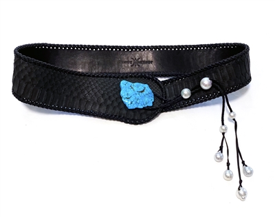 Wendy Mignot Snakeskin Belt With Turquoise Cabochon and South Sea Pearls and Leather  "The Barcelona"