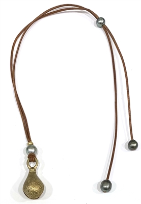 photo of Wendy Mignot Brass Etched "Love Bell" Tahitian Pearl and Leather Necklace