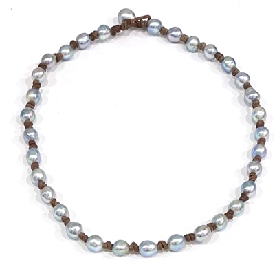 Siren of the Sea Platinum Pearl and Leather All Around Necklace-18"