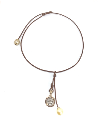 Fine Pearls and Leather Jewelry by Designer Wendy Mignot Gorgon Ancient Silver Coin, South Sea Necklace