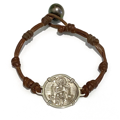 Ancient Venetian Jesus Coin Tahitian Pearl and Leather Bracelet