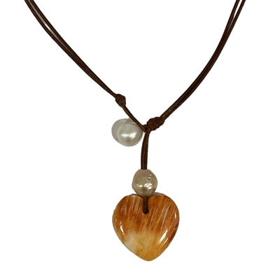 photo of Wendy Mignot Freshwater Pearl and Leather with Atlantic Lions Paw Shell Heart Necklace