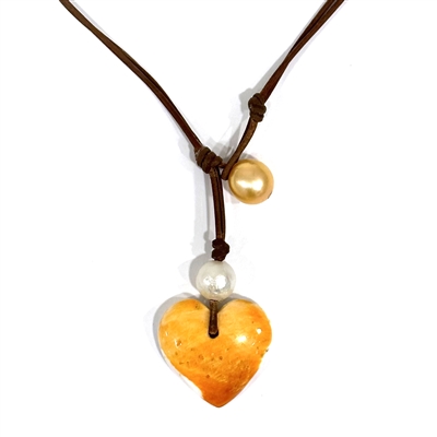 Wendy Mignot Freshwater Pearl and Leather with Atlantic Lions Paw Shell Heart Necklace