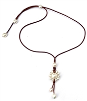 Wendy Mignot Freshwater Pearl and Leather Sunflower Necklace Slider-White