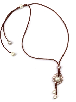 photo of Wendy Mignot Freshwater Pearl and Leather Sunflower Necklace Slider-Pink