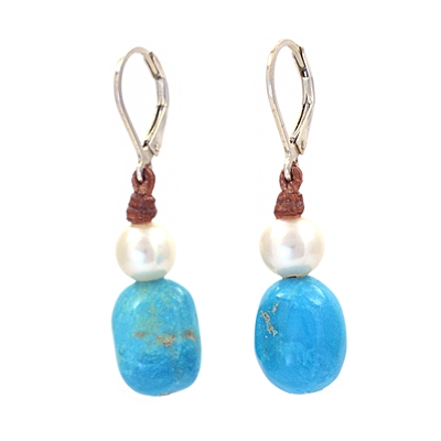 Fine Pearls and Leather Jewelry by Designer Wendy Mignot Azur Turquoise and Freshwater Pearl Earrings