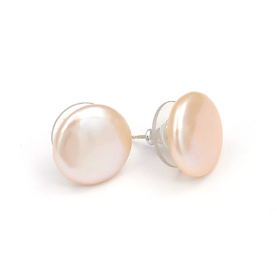 Fine Pearls and Leather Jewelry by Designer Wendy Mignot Flat Coin Freshwater Pearl Stud Earrings Blush