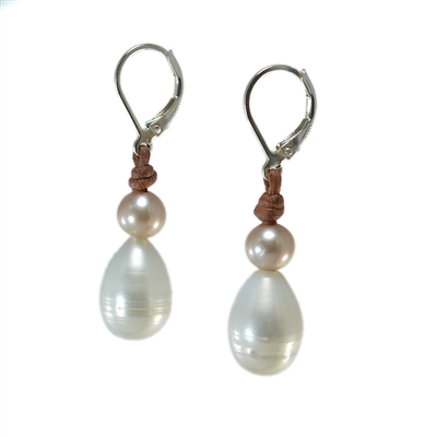 Wendy Mignot Drop Freshwater Pearl and Leather Earrings White, Champagne Accent