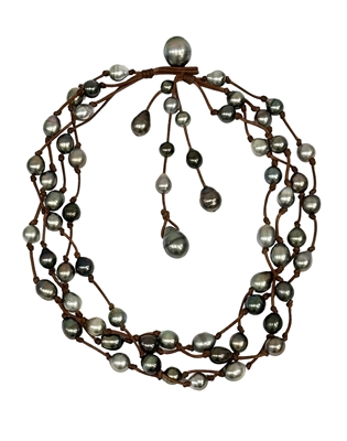 photo of Wendy Mignot Music Four Strand Tahitian Pearl and Leather Necklace with knots