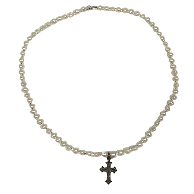 Viola Freshwater Pearl and Pave Cross Charm Necklace