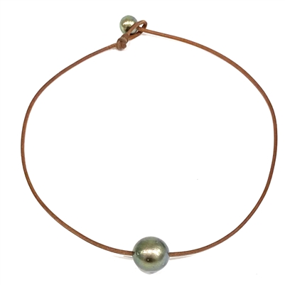 Large Single Tahitian Pearl and Leather Marie Necklace