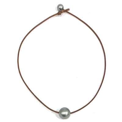 Large Single Tahitian Pearl and Leather Marie Necklace