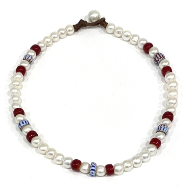 photo of Wendy Mignot Freshwater Pearl and Leather with blue African Trading Beads Necklace