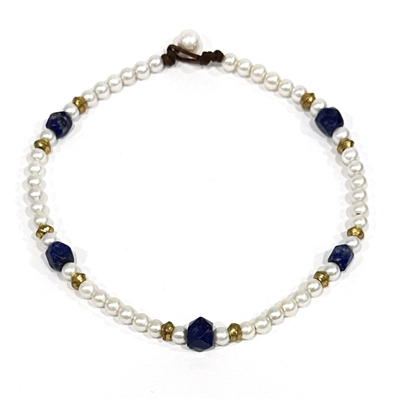 photo of Wendy Mignot Freshwater Pearl and Leather with cobalt and brass African Trading Beads Necklace