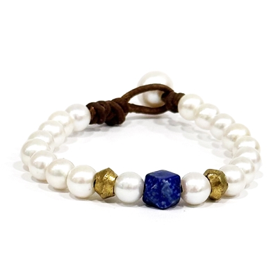 photo of Wendy Mignot Freshwater Pearl and Leather with cobalt and brass African Trading Beads Bracelet