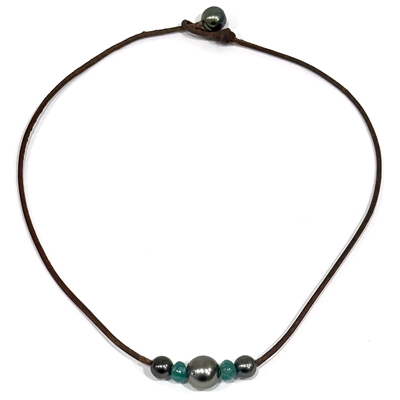 Emerald and Tahitian Pearl and  Leather Venus Necklace by Violeta Mignot